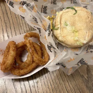 Charburger with Cheese and Onion Rings