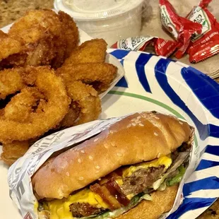 Charburger with Cheese add bacon with extra crispy onion rings.  YUM!