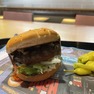 a burger and pickles