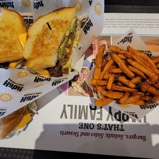 Santa Barbara American double burger, Char Burger, and sweet potato fries.