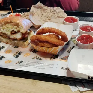 Crispy Chicken Sandwich on Ciabatta Onion Rings &amp; Fries Large Drink