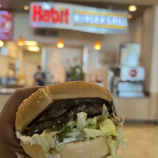 a hand holding a hamburger