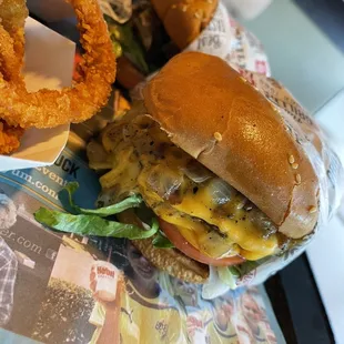 a burger and onion rings