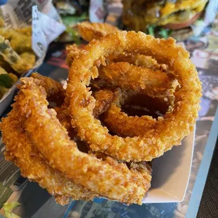 onion rings and a burger