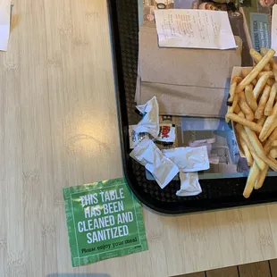 The table has been sanitized stickers made my cousin and I Comfortable to sit and eat inside : )