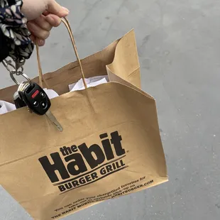 a person holding a brown paper bag