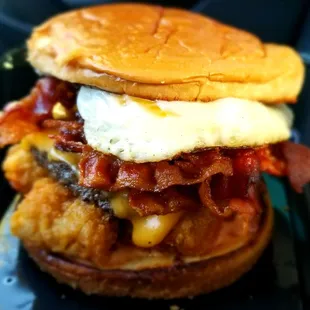 a fried egg and bacon sandwich