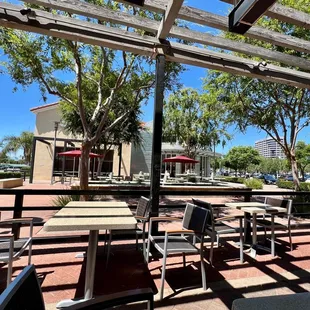 a patio with tables and chairs