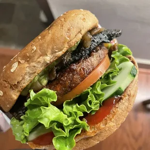 Vegetarian Burger w/ Avocado, grilled onions &amp; mushrooms