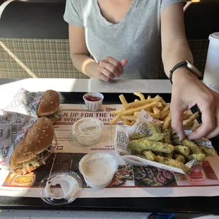 Charburger, fries, tempura green beans