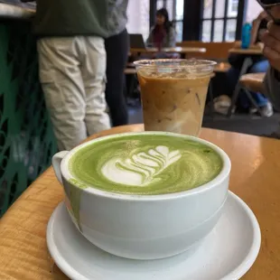Matcha latte and ice latte