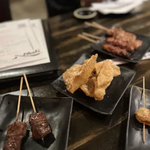 Skewers ( Premium Wagyu Beef- Bottom Left) (Chicken Thigh and Pork Belly- top right)