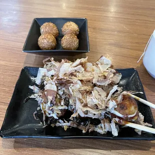 Takoyaki and sesame ball.