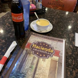 Mexican coke , queso, and the menu