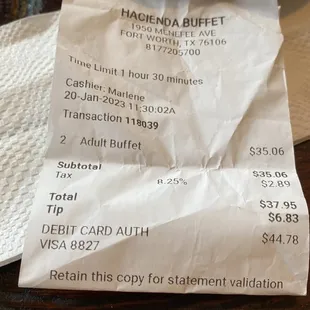 the receipt for the meal