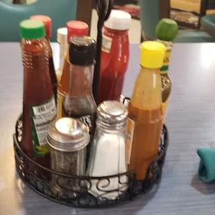 a basket of condiments