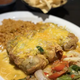 Chile rellenos with rice and veggies instead of beans. Delicious!!