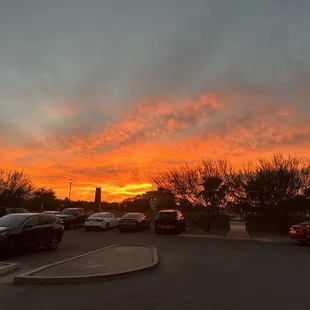 a parking lot at sunset