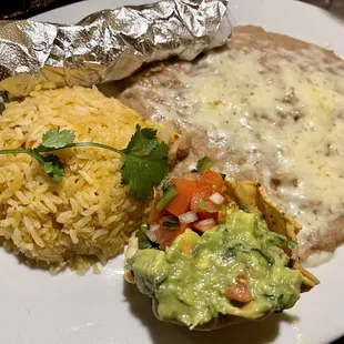 Refried Beans, Guacamole, Rice and Tortilla
