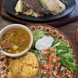 Lunch combination fajitas with charro beans