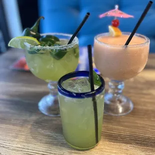 Jalapeño Margarita (L) Caribbean Margarita (R) Virgin Mojito (C)