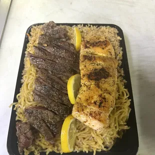 Ny steak &amp; salmon combo plate *sub noodle &amp; Fried rice