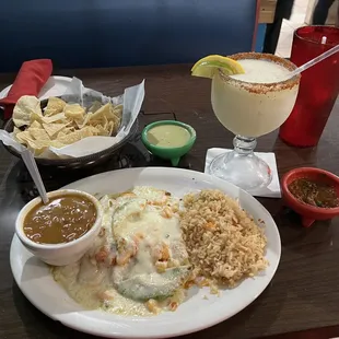 Seafood Enchiladas, frozen house margarita.