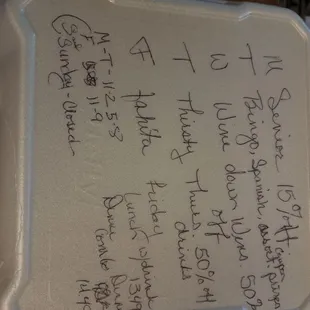 These are the specials sorry I wrote them on my take ho.e box. But you get the just of it.