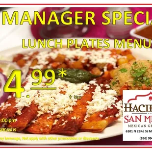 Lunch plates $ 4.99 March 15 2019 to Jun 30 2019. 11:00 am to 5:00 pm when you buy any beverage