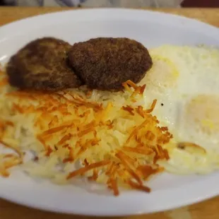 Easy Over Eggs, Sausage Patties, Home Fries