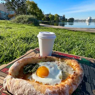 Kachapuri and cappuccino by Lake Merritt