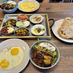 a variety of breakfast foods on a table