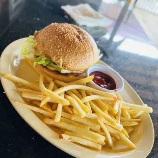 a hamburger and french fries