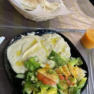 Mediterranean plate: hummus, baba ganoush and salad