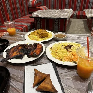 a table with food and drinks