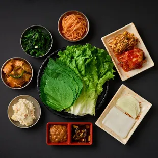 a variety of foods arranged in a circle