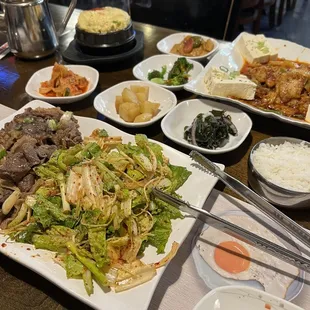 Chadol salad, steamed egg, kimchi pork belly with tofu