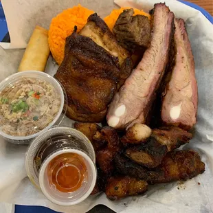 Steak, Tocino, Ribs, Lumpia, Chicken Kelaguen Red Rice