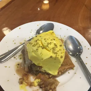 Saffron rose water ice cream over warm baklava