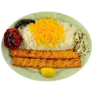 Chicken Koobideh: Two skewers of juicy ground chicken skewered daily and cooked over open fire, served with basmati rice.