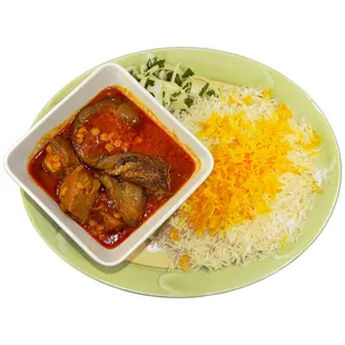 Eggplant Gheymeh Stew: Sauteed eggplants, onions, chunks of beef, and yellow split peas cooked down with tomato based stew.