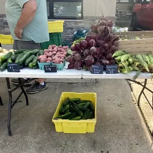 Onions, cucumbers, potatoes, beets, and corn