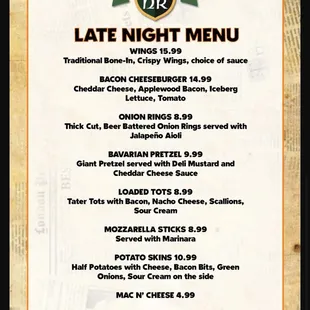 Late Night Menu