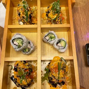 sushi in a wooden box