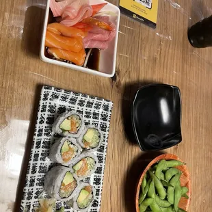 Sashimi ceviche, Alaska roll, edamame