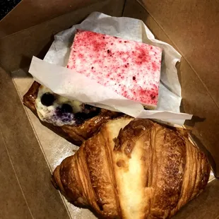 blueberry danish, croissant anf raspberry slice