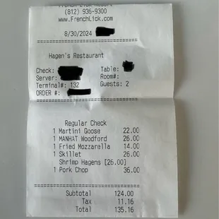 1 app, 1 drink each, 2 entrees, no dessert: $135