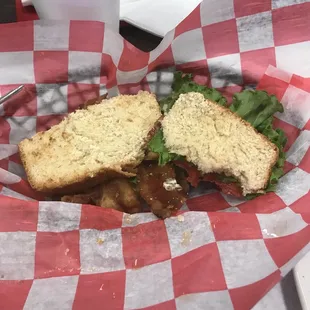 BLT sandwich on fresh ingredients and homage bread. Yum. Had a few bites before taking a picture