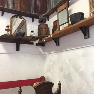 a wooden table and shelves
