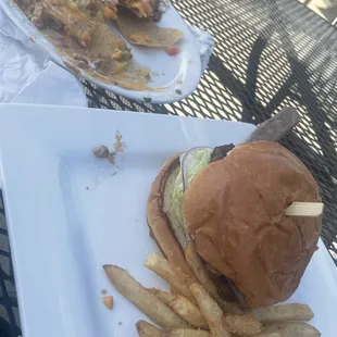 a hamburger and fries